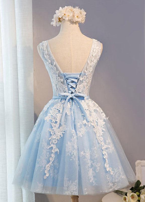 Scoop Neck Short Tulle Homecoming Dress Party Dress With Appliques Lace