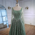 Luxury Sage Green Beaded Evening Dress with Long Sleeves