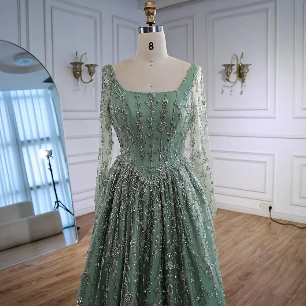 Luxury Sage Green Beaded Evening Dress with Long Sleeves
