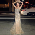 Luxury Nude Pink Crystal Tassel Mermaid Evening Dress