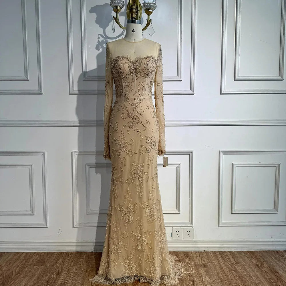 Luxury Arabic Lace Beaded Mermaid Evening Dress with Sleeves