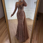 Luxury Brown Beaded Mermaid Evening Dress with Side Overskirt