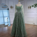 Luxury Sage Green Beaded Evening Dress with Long Sleeves