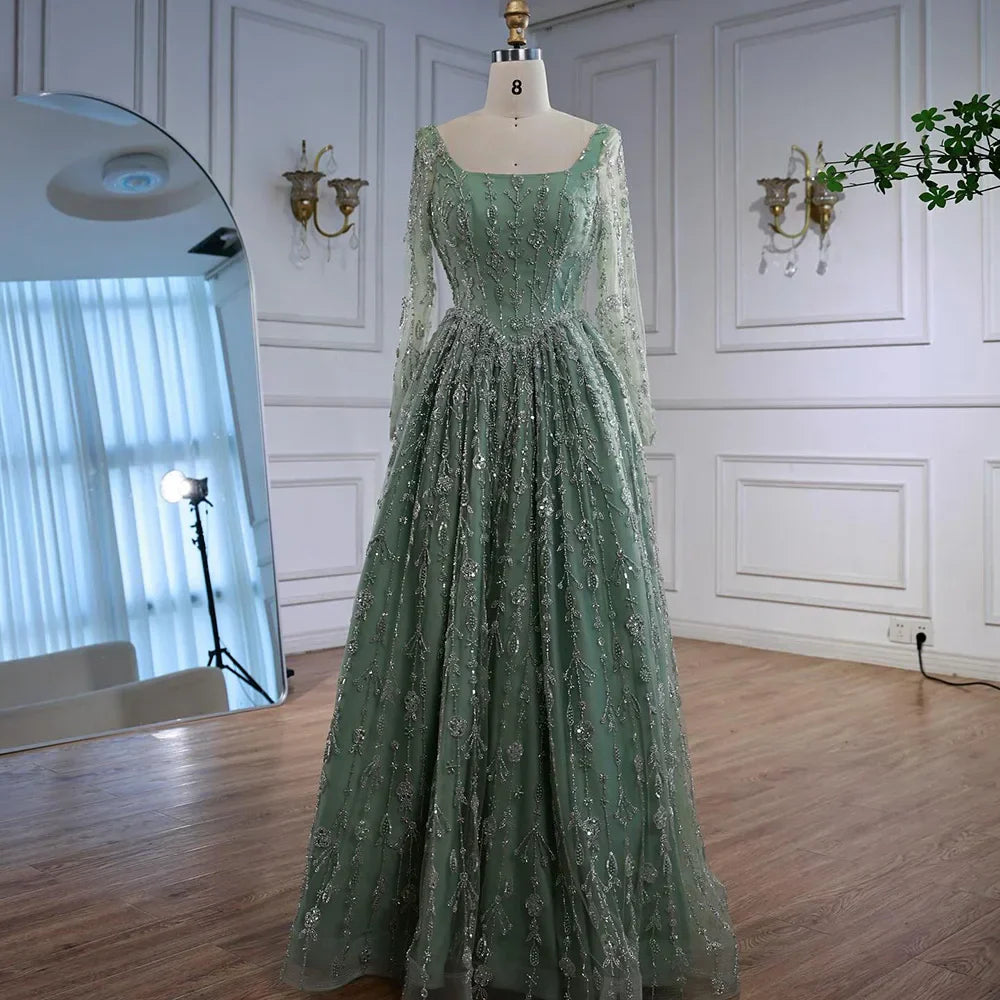 Luxury Sage Green Beaded Evening Dress with Long Sleeves