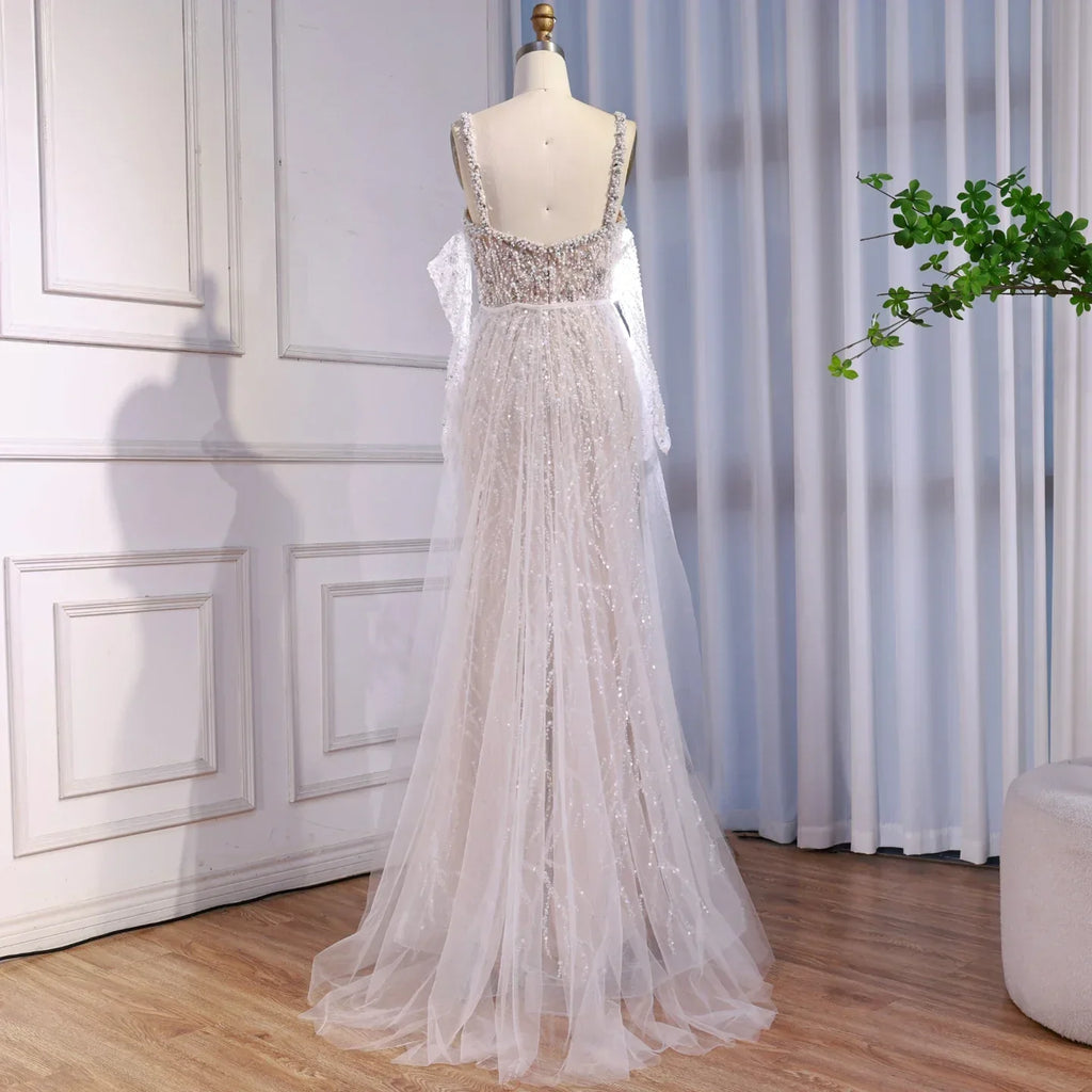 Luxury Lace Pearls Mermaid Evening Dress With Glove White Nude