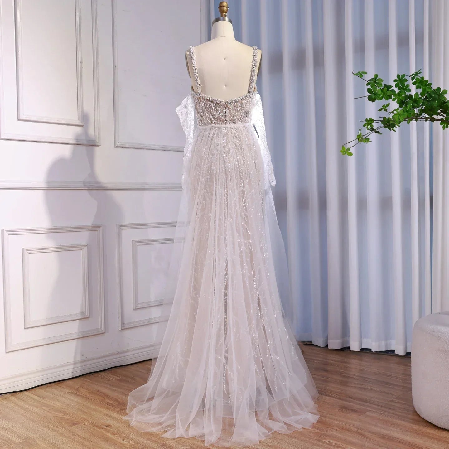 Luxury Lace Pearls Mermaid Evening Dress With Glove White Nude