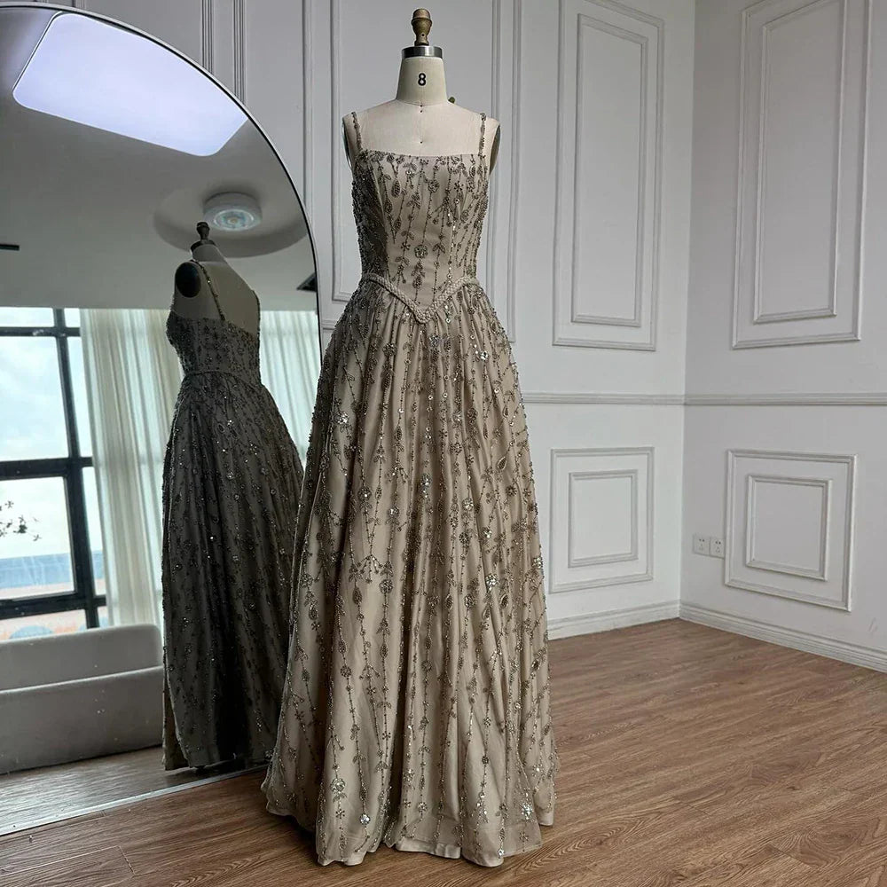 Luxury Sage Green Beaded A-Line Spaghetti Strap Evening Dress