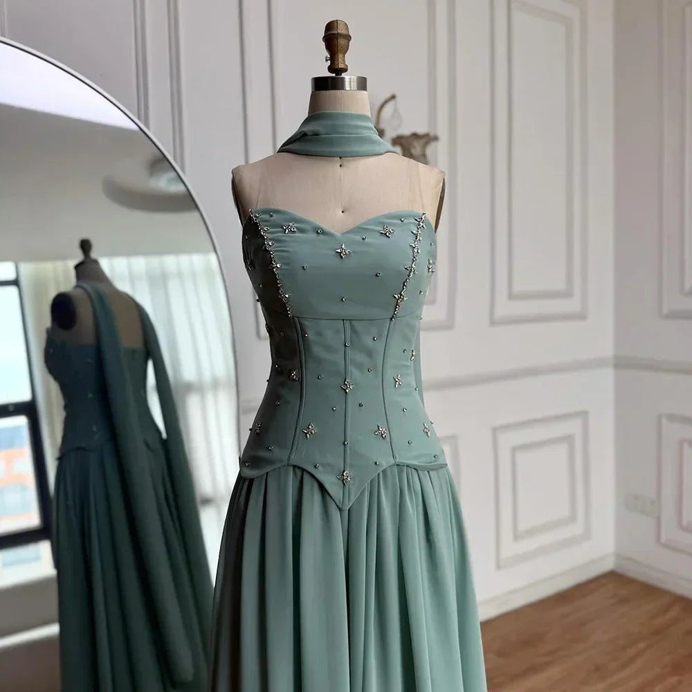 Classy Sage Green   A-Line Chiffon Evening Dress