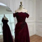 Elegant Wine Red Off Shoulder Lace Evening Dress with Appliques