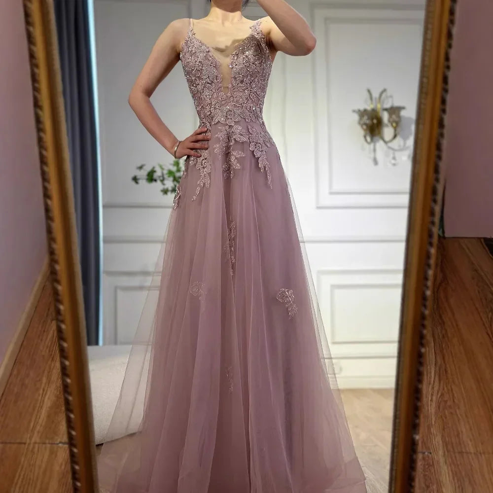 Luxury Sage Green Lace A-Line Prom Dress with Spaghetti Straps