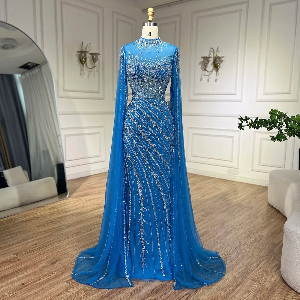Luxury Nude Mermaid Evening Dress with Cape Sleeves