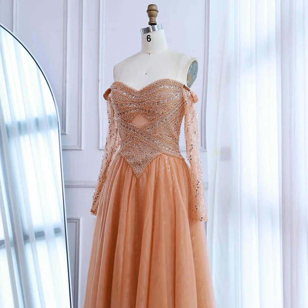 Luxury Nude Off Shoulder A-Line Beaded Evening Dress