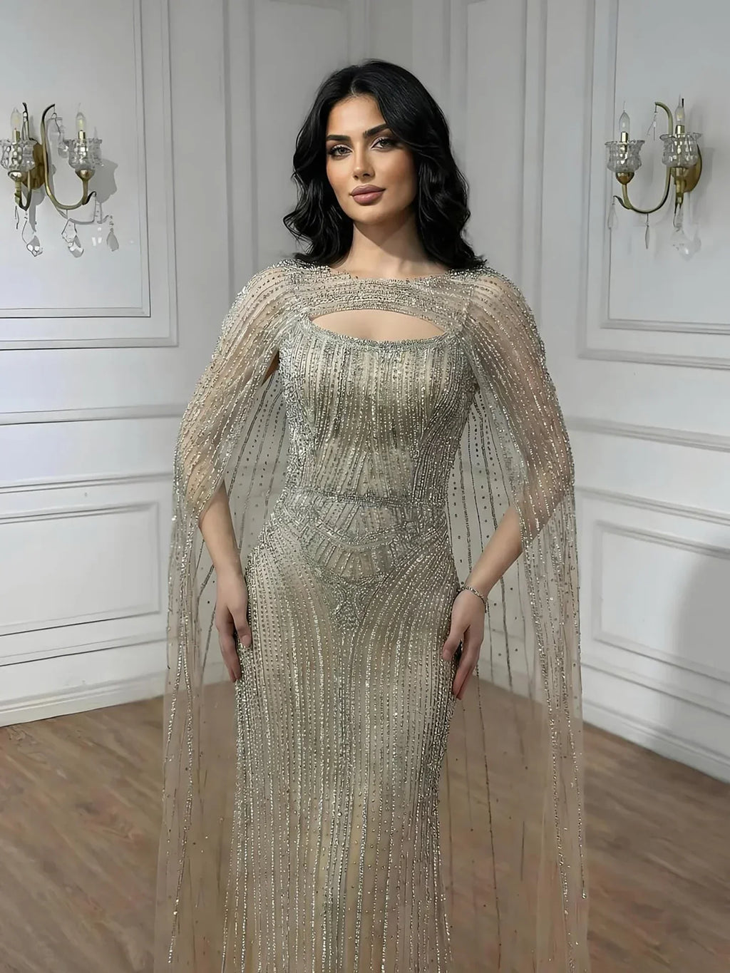 Luxury Blue Diamond Evening Dress With Cape