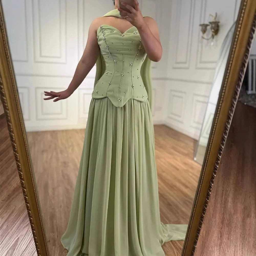 Classy Sage Green   A-Line Chiffon Evening Dress
