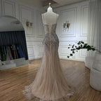 Luxury Nude Pink Crystal Tassel Mermaid Evening Dress
