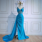 Blue Prom Dress with Side Overskirt Spaghetti Straps