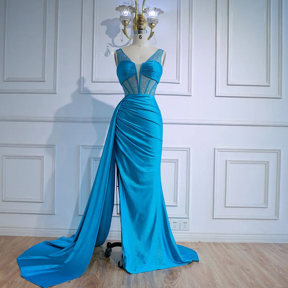 Blue Prom Dress with Side Overskirt Spaghetti Straps