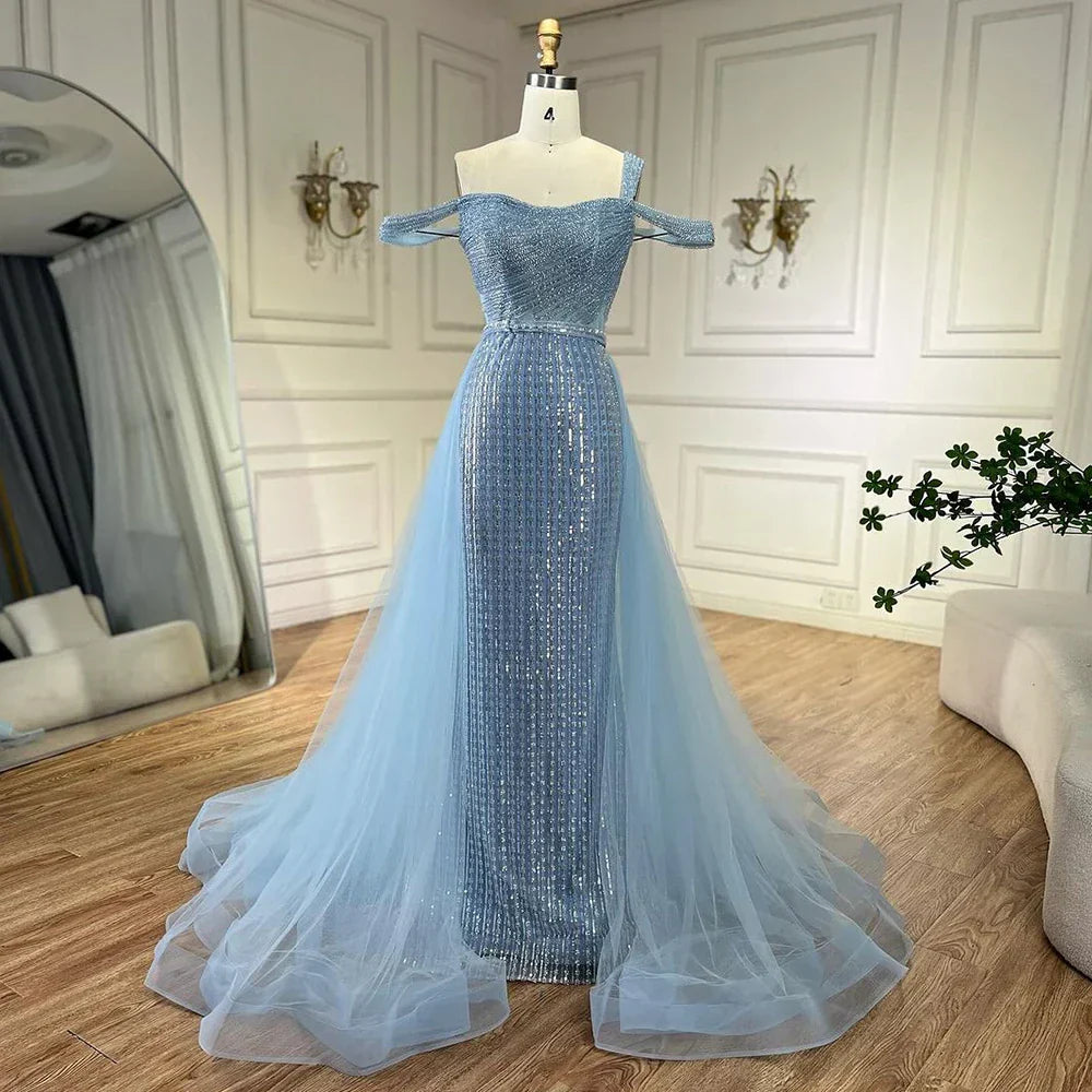Serene Hill Gold Mermaid Elegant One Shoulder Overskirt Beaded Luxury Evening Dresses Gowns 2025 For Women Wedding Party&nbsp;