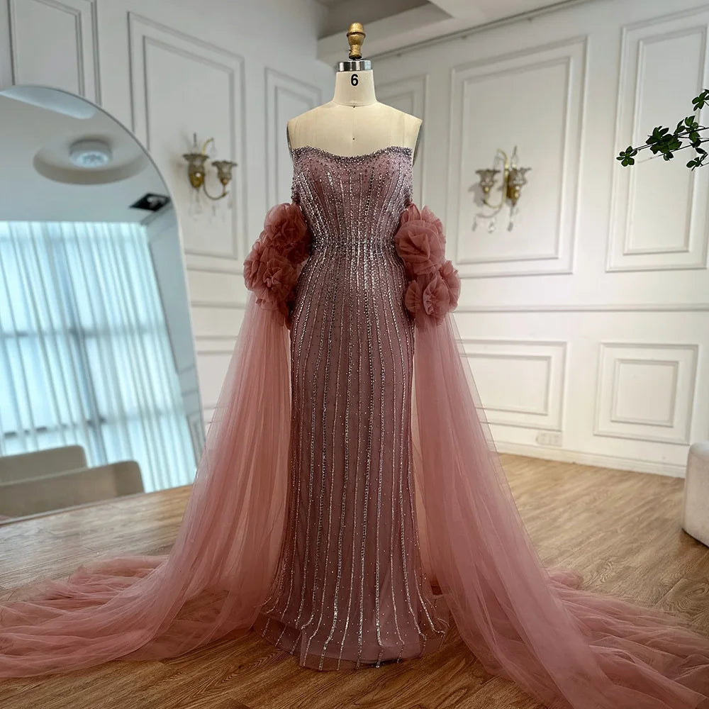 Luxury Pink Beaded Mermaid  Arabic Evening Dress with Cape