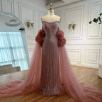 Luxury Pink Beaded Mermaid  Arabic Evening Dress with Cape