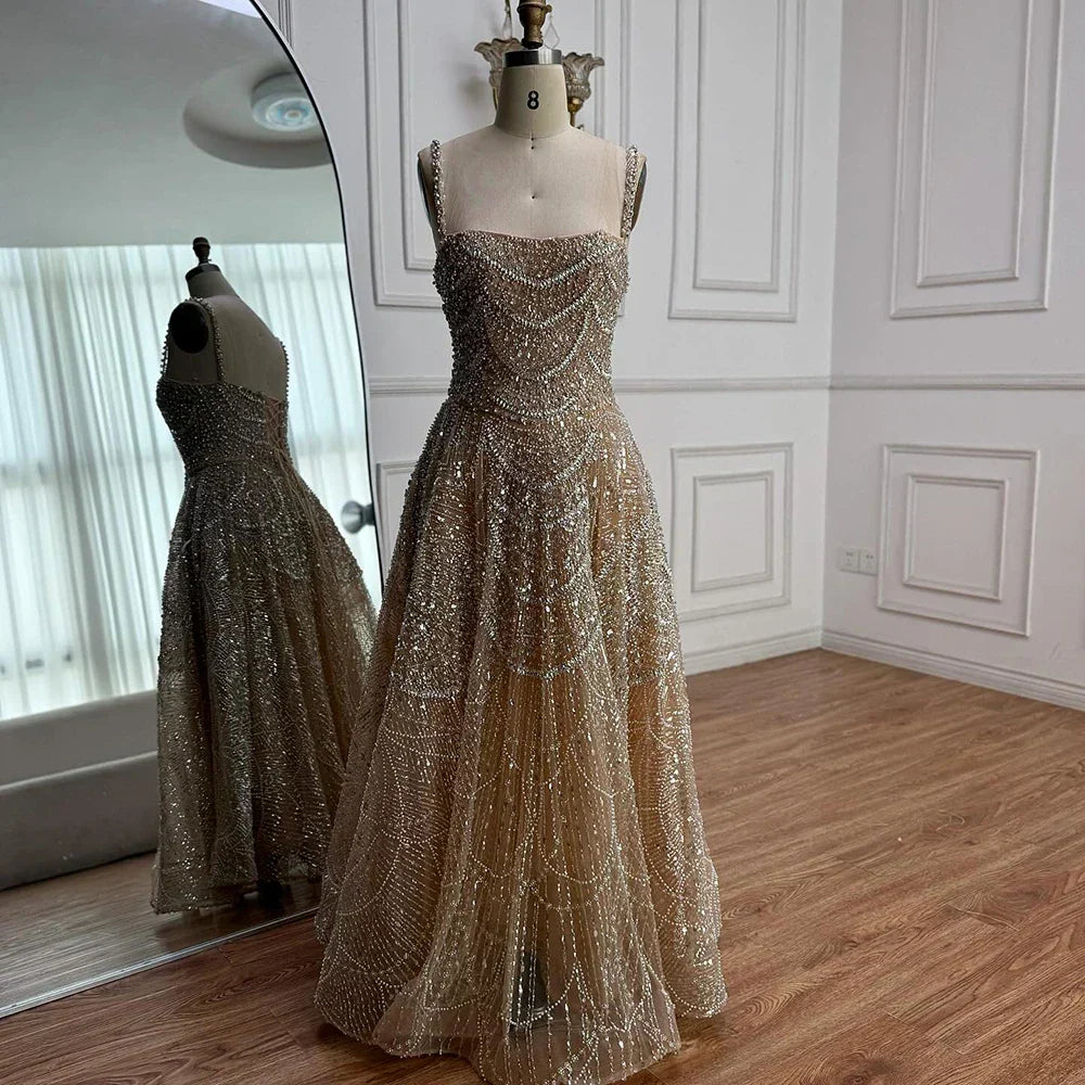 Luxury Nude A-Line Evening Dress with Pearls and Crystals