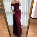 Elegant Wine Red Off Shoulder Lace Evening Dress with Appliques