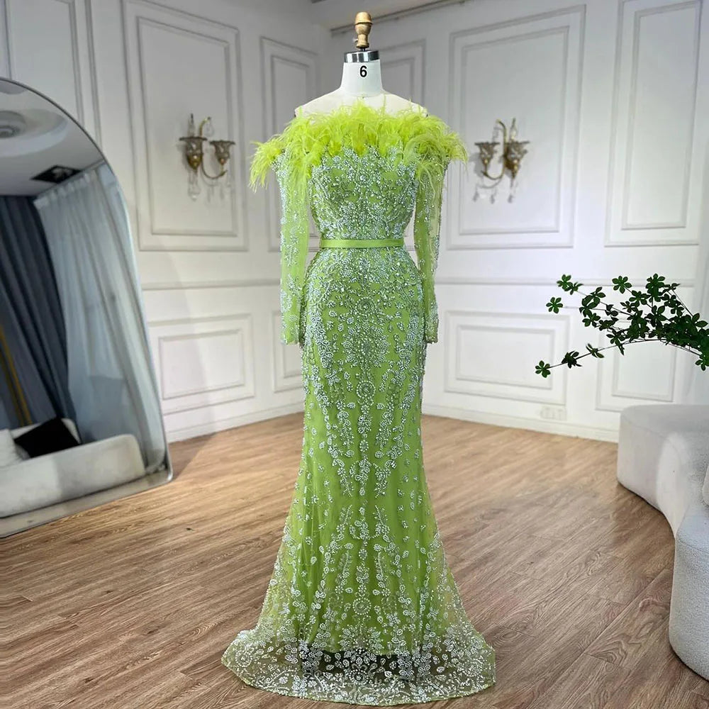 Luxury Dubai Green Long Sleeves Feathers Beaded Evening Dress