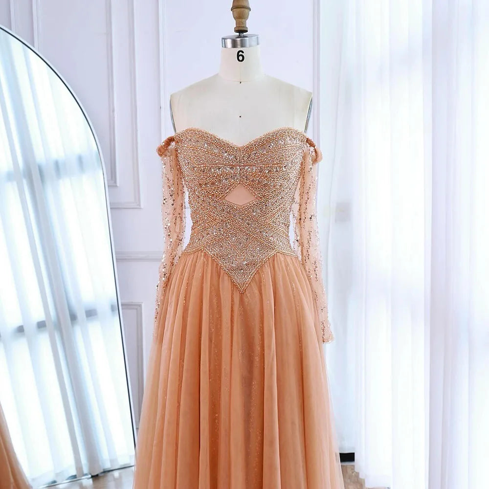 Luxury Nude Off Shoulder A-Line Beaded Evening Dress