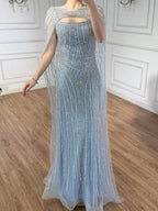 Luxury Blue Diamond Evening Dress With Cape