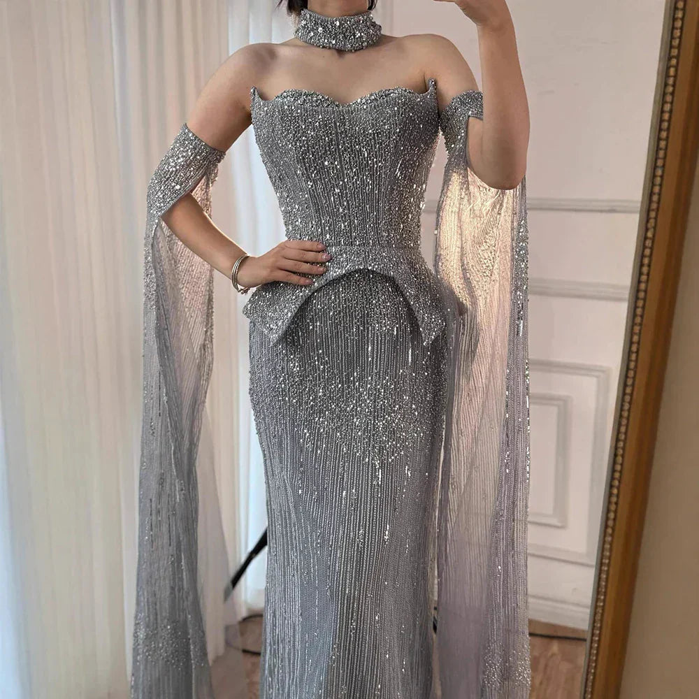 Luxury Gray Beaded Off-Shoulder Evening Dress with Cape Sleeves