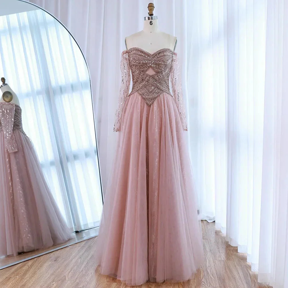 Luxury Nude Off Shoulder A-Line Beaded Evening Dress