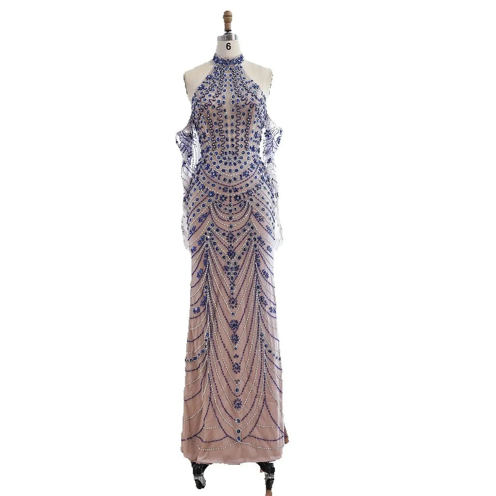 Luxury Kosovo Blue Evening Dress With Gloves