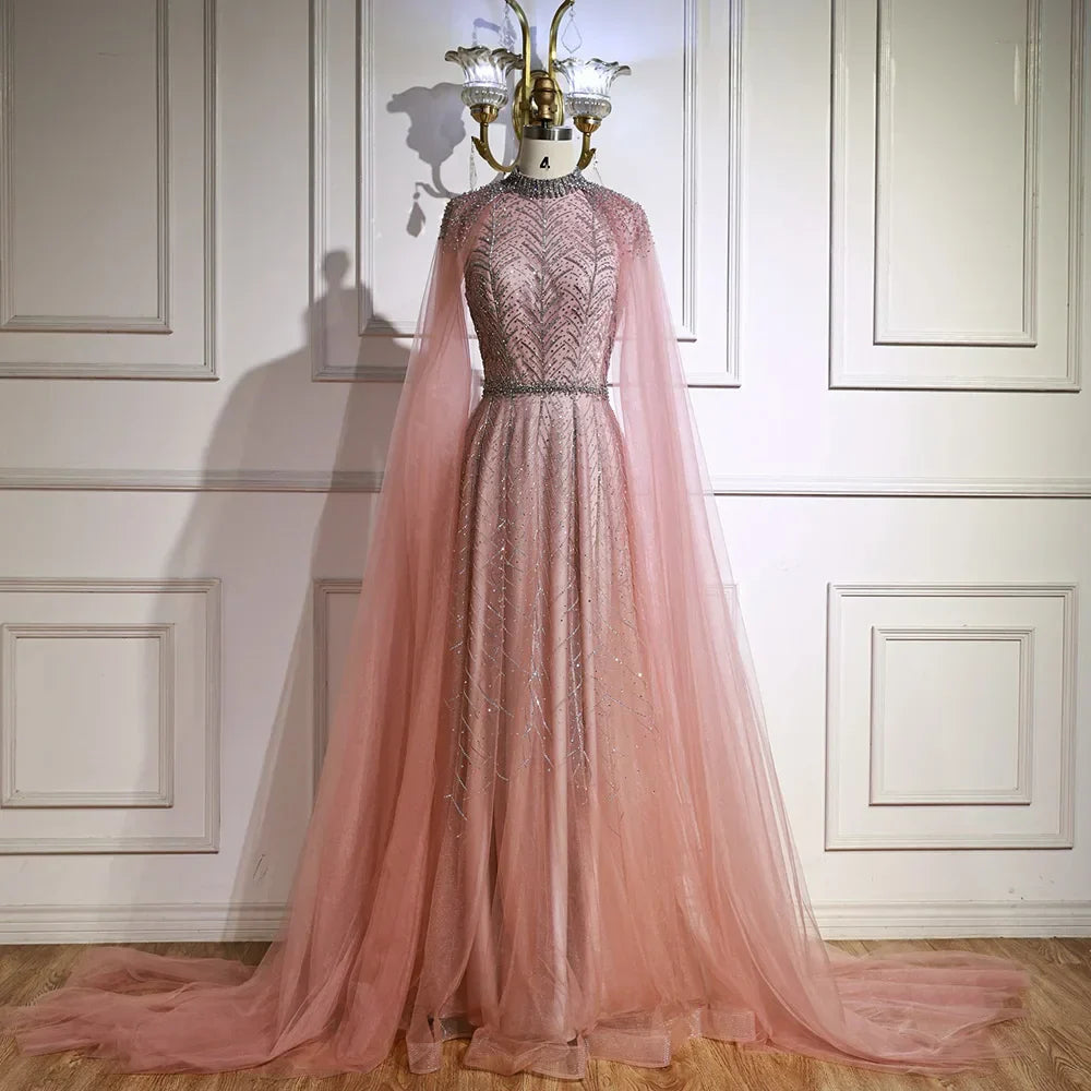 Luxury Elegant Pink Beaded Evening Dress with Cape