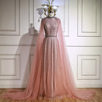 Luxury Elegant Pink Beaded Evening Dress with Cape