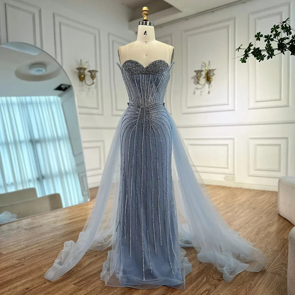 Pink Pearls Beaded Arabic Mermaid Evening Dress with Overskirt LA72811B