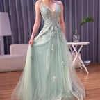Luxury Sage Green Lace A-Line Prom Dress with Spaghetti Straps