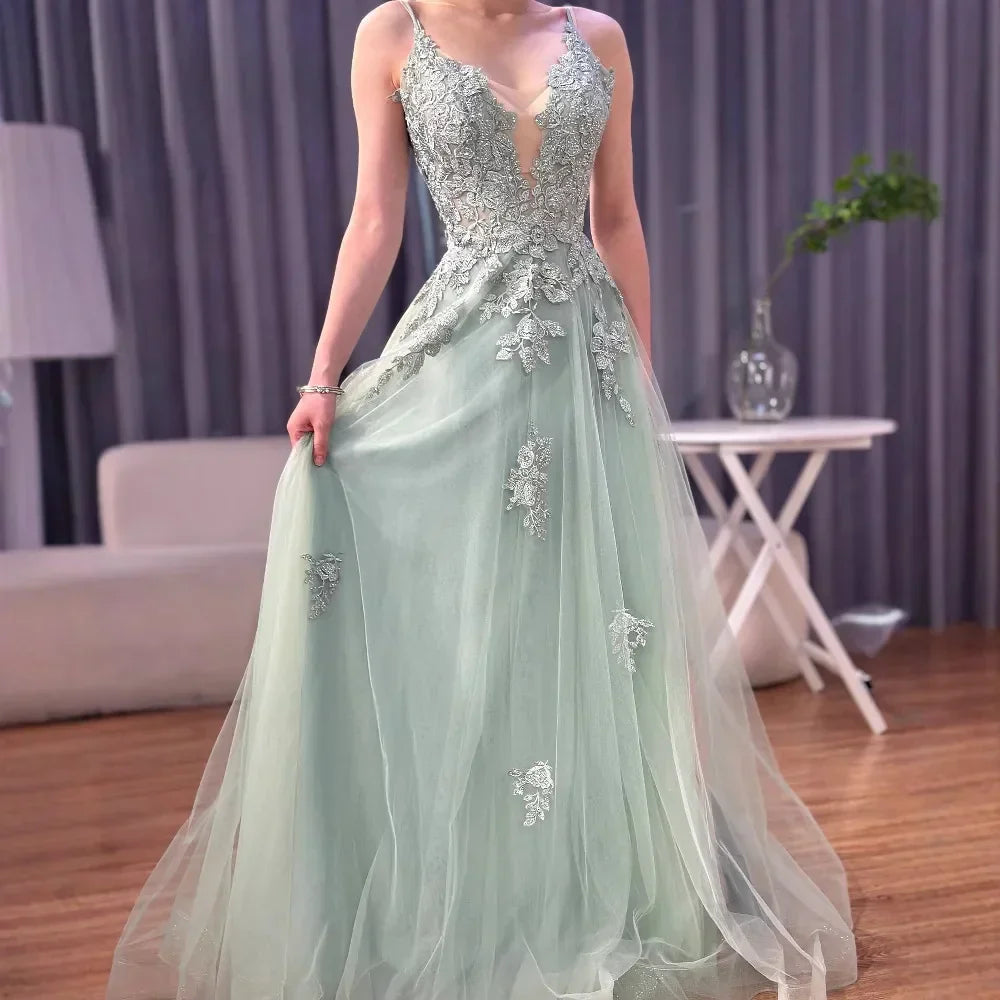 Luxury Sage Green Lace A-Line Prom Dress with Spaghetti Straps