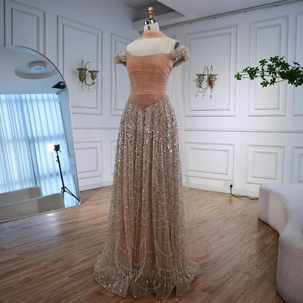 Luxury Arabic Pink Pearls Beaded Evening Dress With Cape