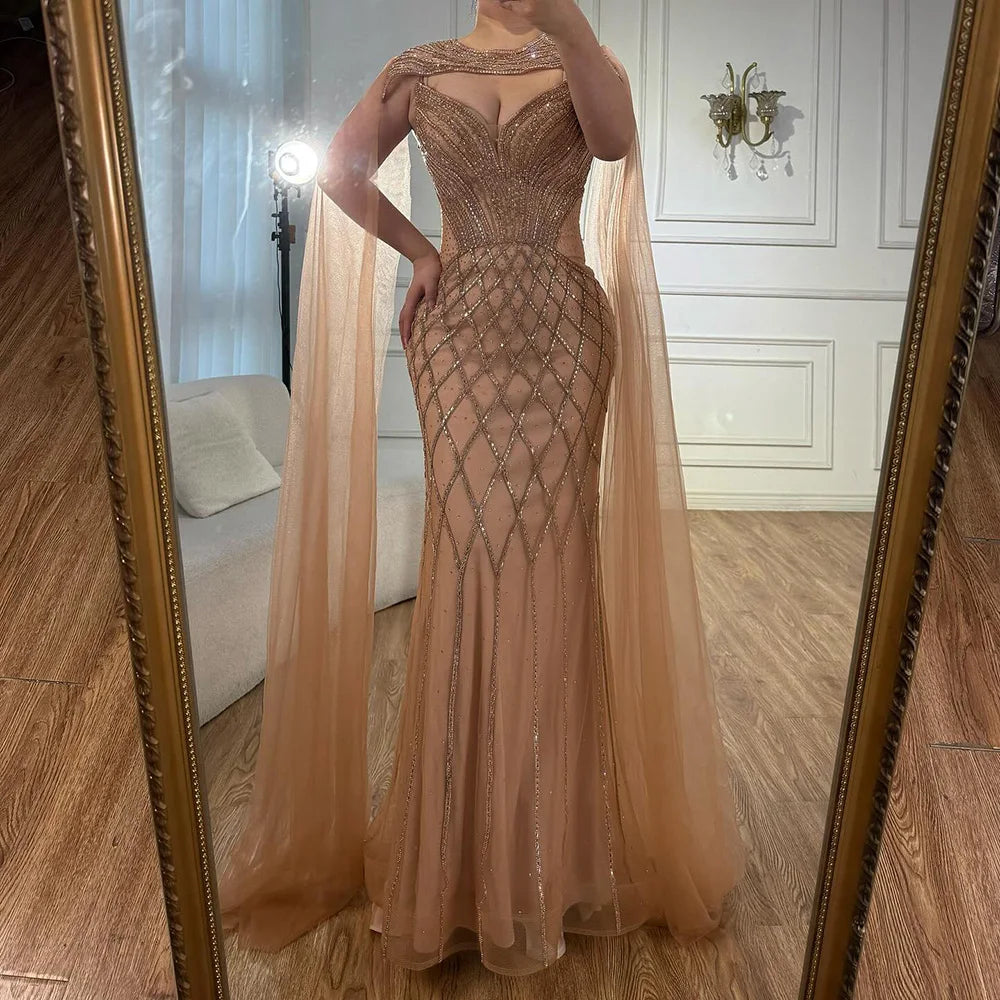 Luxury Nude Beaded Mermaid Evening Dress with Cape