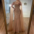 Luxury Nude Beaded Mermaid Evening Dress with Cape