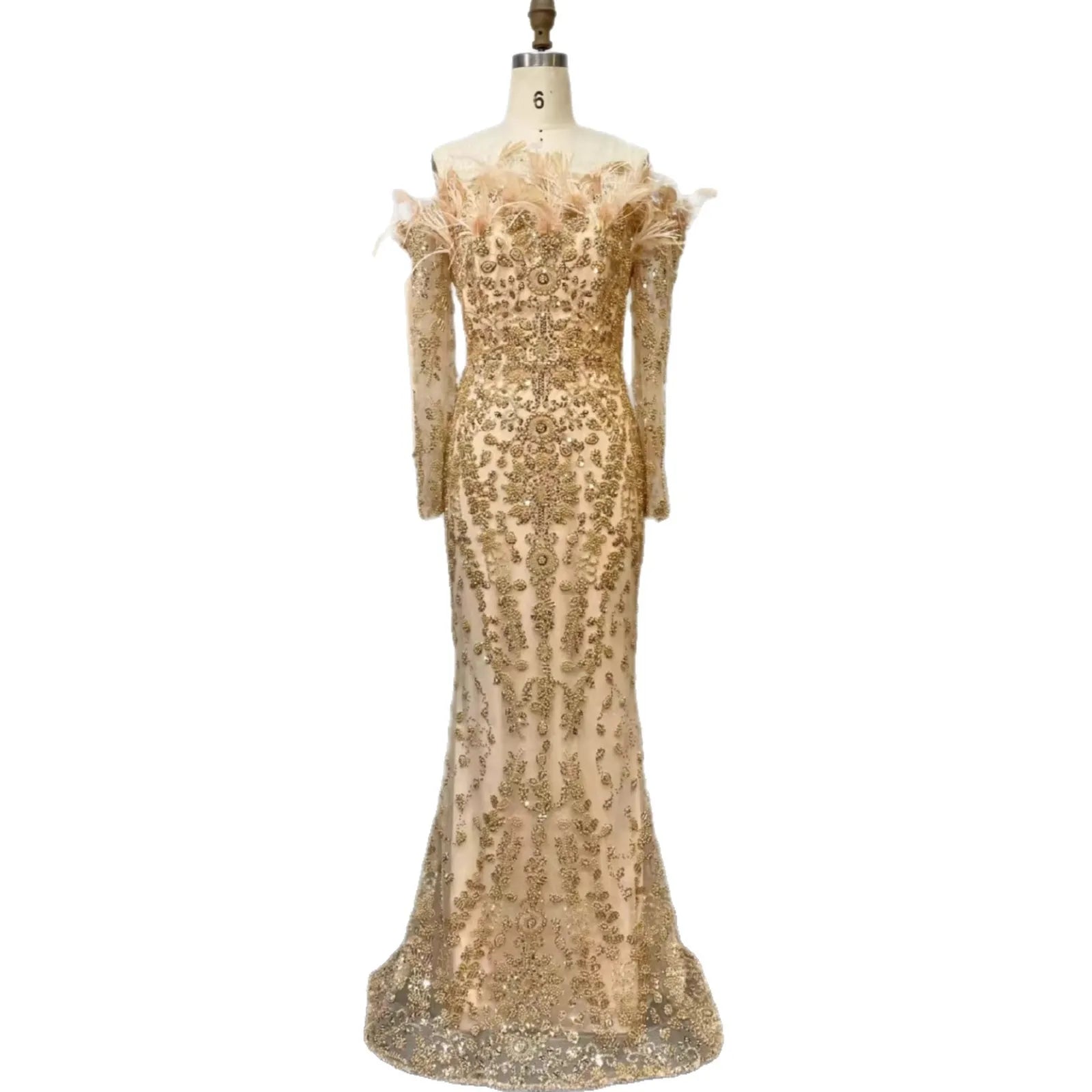 Luxury Dubai Green Long Sleeves Feathers Beaded Evening Dress