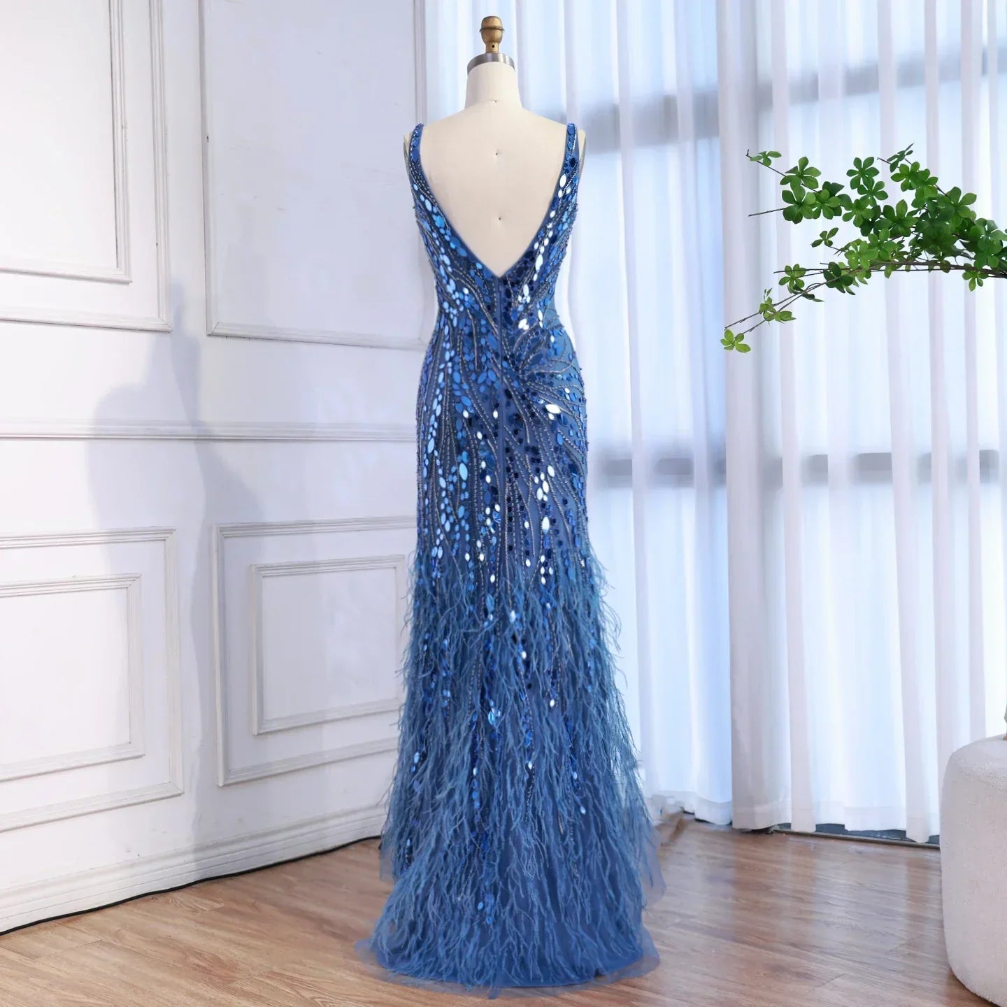 Luxury Blue Beaded Feather Mermaid Evening Dress