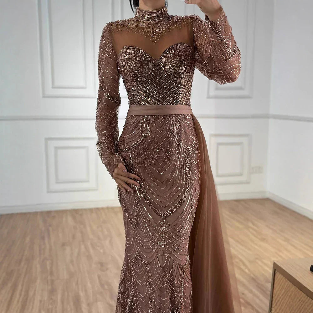 Luxury Brown Beaded Mermaid Evening Dress with Side Overskirt