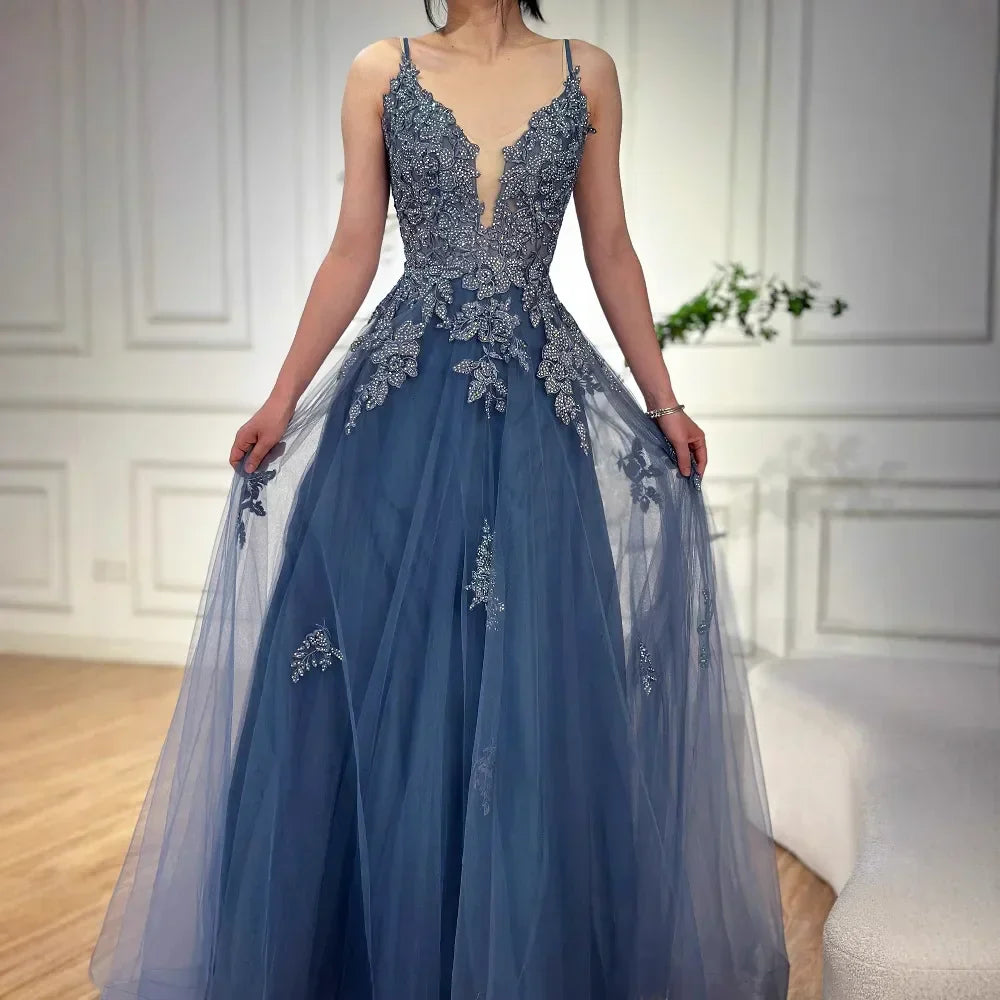Luxury Sage Green Lace A-Line Prom Dress with Spaghetti Straps