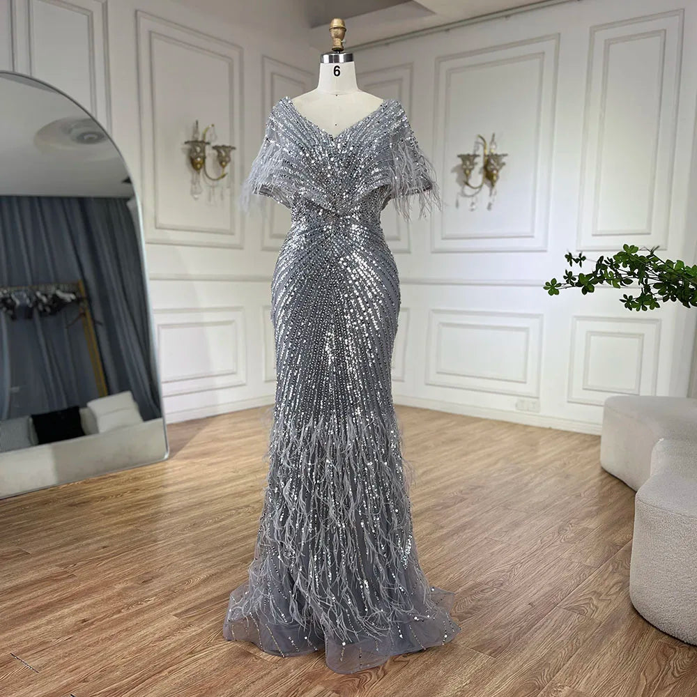 Luxury Arabic Red Mermaid Evening Dress with Feathers Beaded