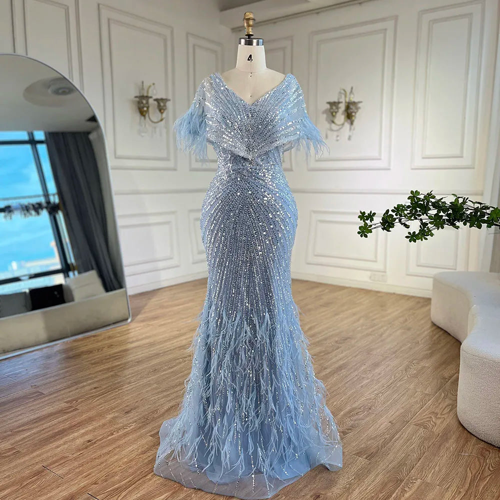 Luxury Arabic Red Mermaid Evening Dress with Feathers Beaded