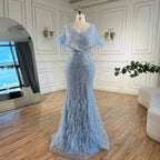 Luxury Arabic Red Mermaid Evening Dress with Feathers Beaded