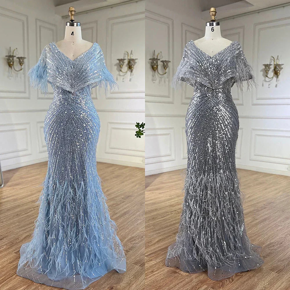 Luxury Arabic Red Mermaid Evening Dress with Feathers Beaded
