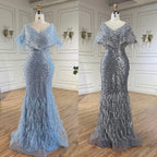 Luxury Arabic Red Mermaid Evening Dress with Feathers Beaded