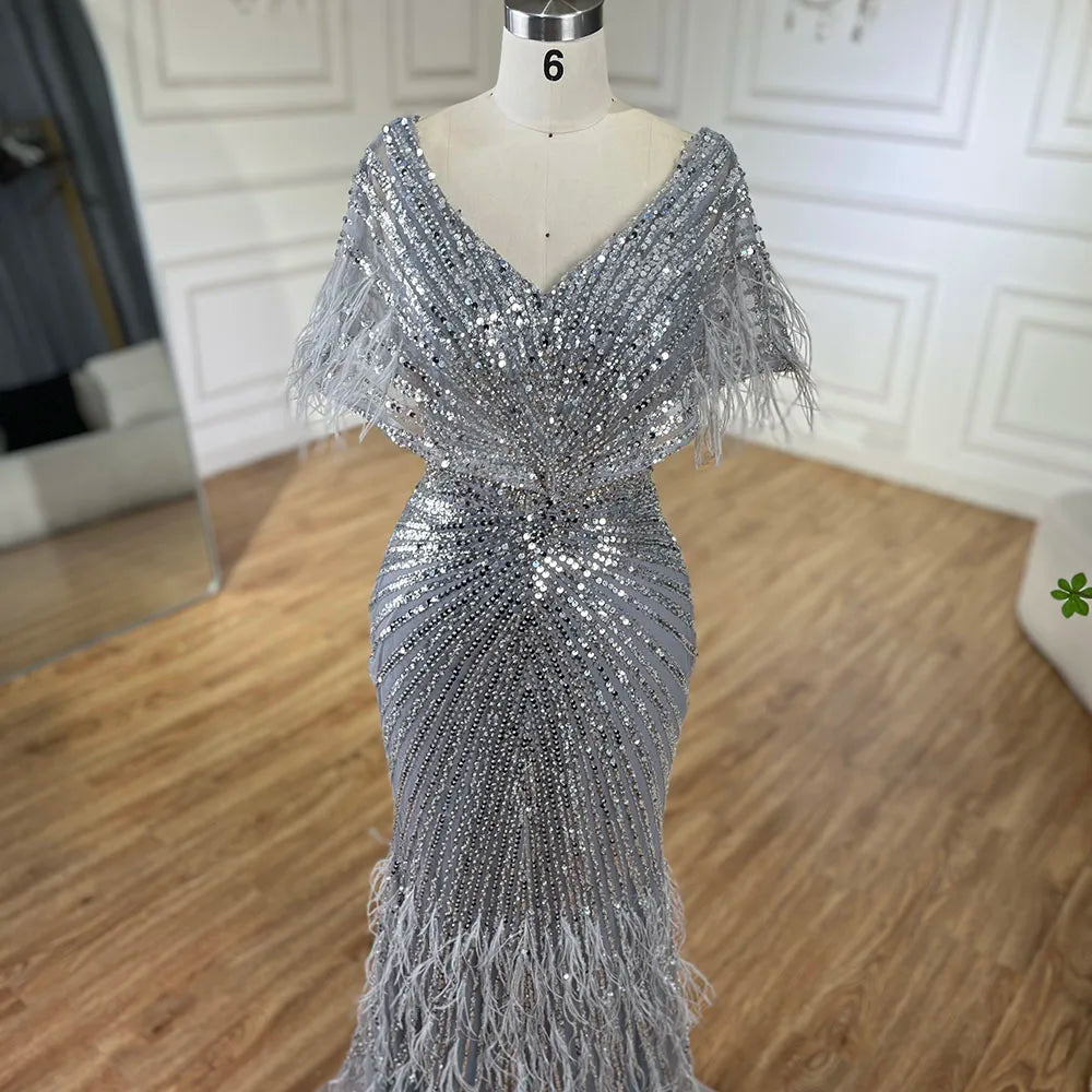 Luxury Arabic Red Mermaid Evening Dress with Feathers Beaded